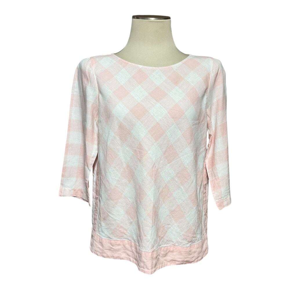 J.Jill Love Linen 3/4 Sleeve Blouse Top Pink White Plaid Petite Small